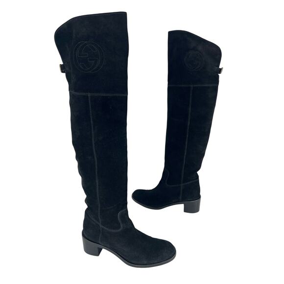 Gucci Soho Black Suede Over-The-Knee Boots GG Logo Size 40.5 / US 10.5 - Picture 2 of 16